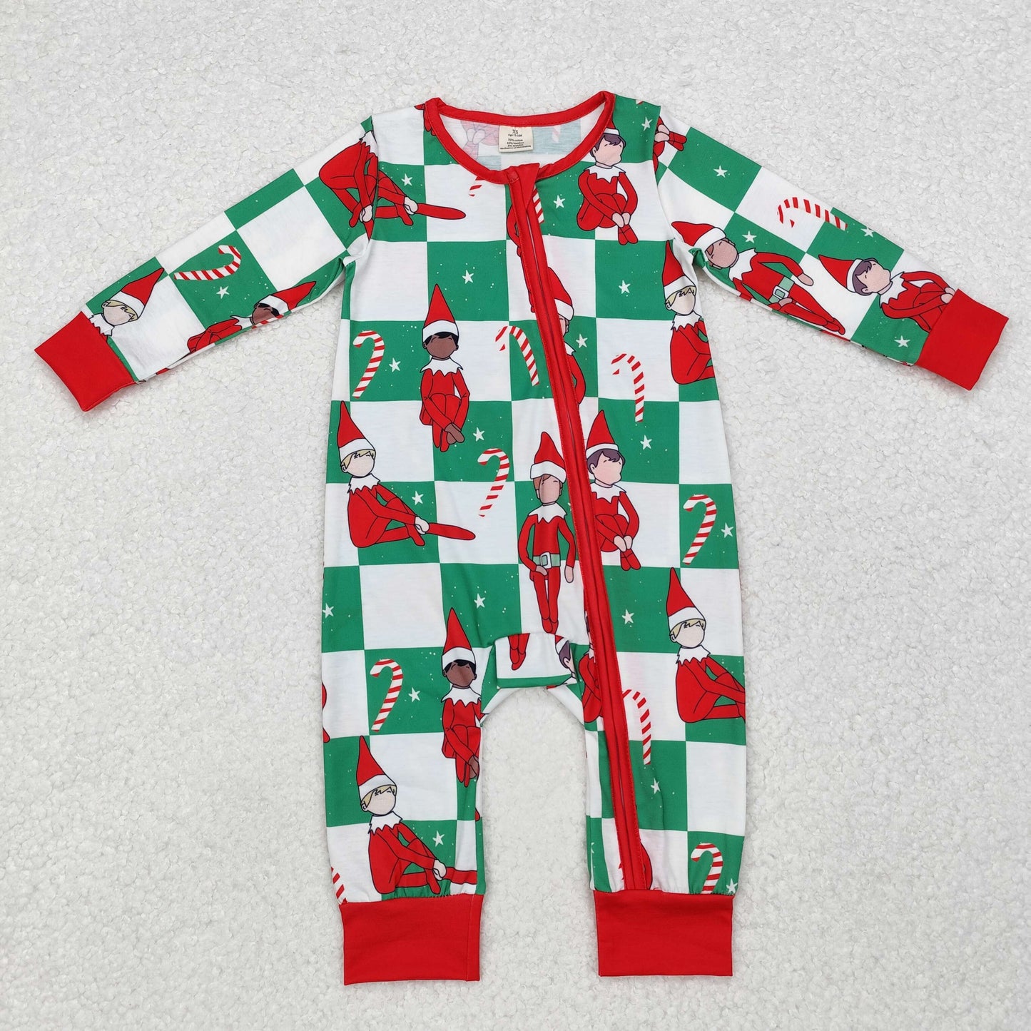 LR1817 Christmas Bamboo Pajamas Elf Crutch Green and white checkered zipper long-sleeved onesie New arrival