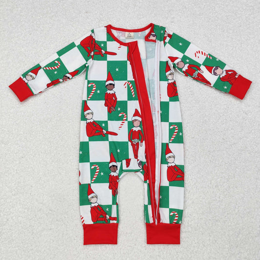 LR1817 Christmas Bamboo Pajamas Elf Crutch Green and white checkered zipper long-sleeved onesie New arrival