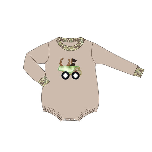 LR1825 Embroidered Puppy Deer Trucks Khaki Long Sleeve Boys Bubble Romper RTS 202509