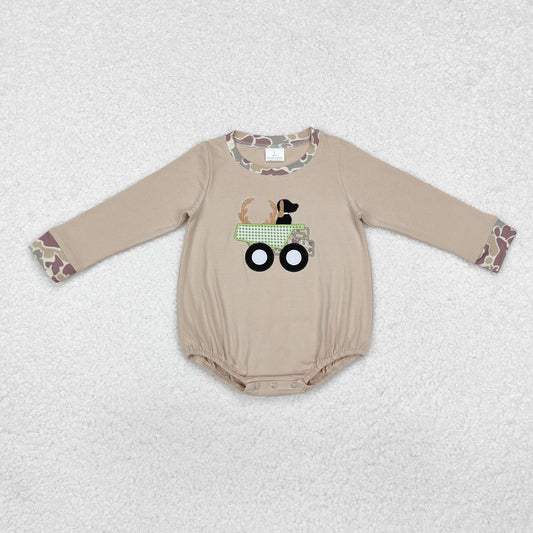 LR1825 Embroidered Puppy Deer Trucks Khaki Long Sleeve Boys Bubble Romper RTS 202509