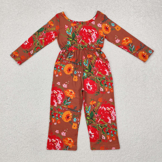 LR1834 Orange Red flower Long Sleeve Romper cute girls outfits jumpsuit RTS 20241112