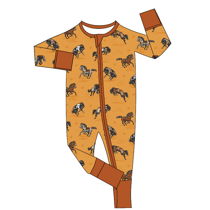 LR1857 Bamboo Pajamas Cowboy Riding Yellow Brown Zipper Long-Sleeved Boys Romper RTS 202509