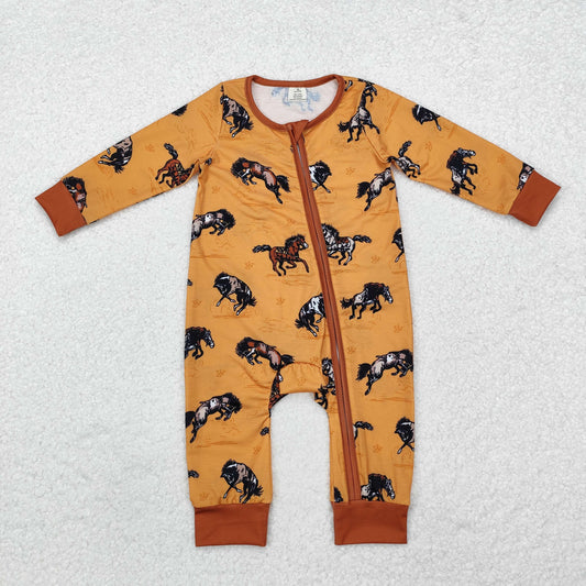 LR1857 Bamboo Pajamas Cowboy Riding Yellow Brown Zipper Long-Sleeved Boys Romper RTS 202509