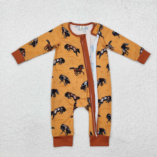 LR1857 Bamboo Pajamas Cowboy Riding Yellow Brown Zipper Long-Sleeved Boys Romper RTS 202509