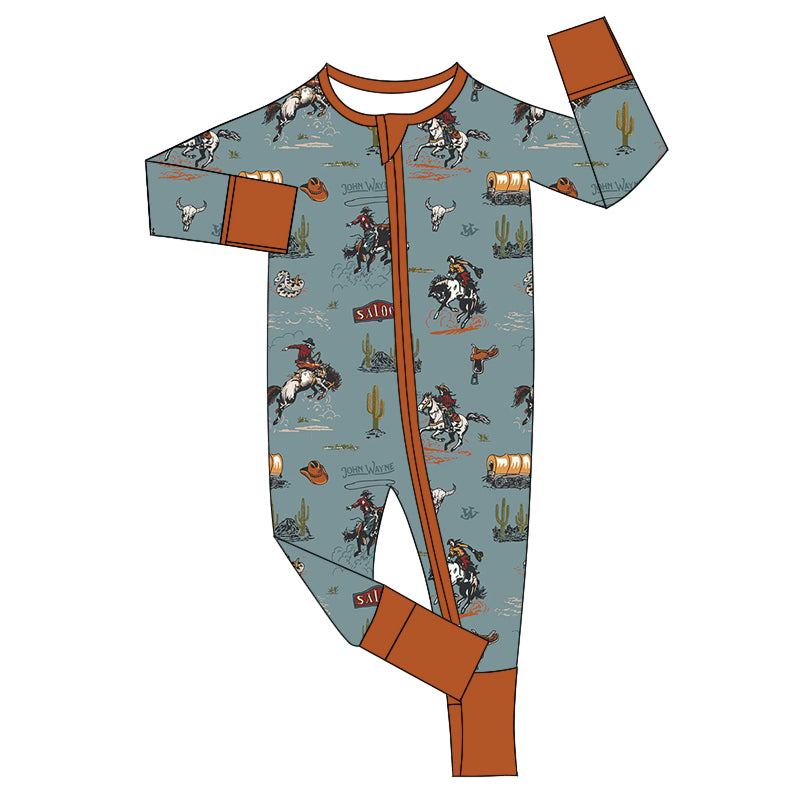 LR1858 Bamboo Pajamas Cowboy Riding Cactus Gray Blue Zipper Long-Sleeved Boys Romper RTS 202509