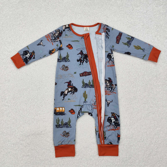 LR1858 Bamboo Pajamas Cowboy Riding Cactus Gray Blue Zipper Long-Sleeved Boys Romper RTS 202509