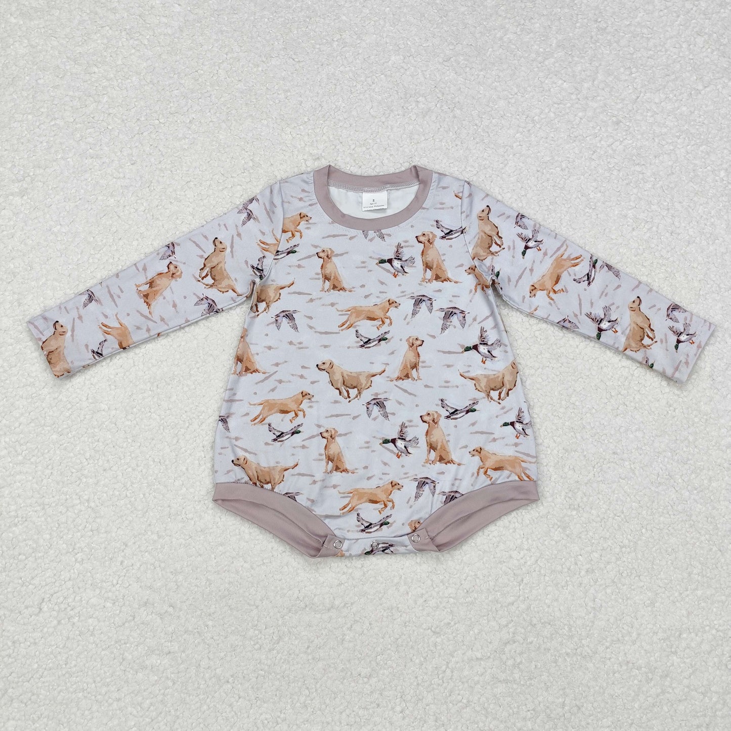 LR1865 Puppy Duck Hunting Gray Long Sleeve Boys Bubble Romper RTS 202509