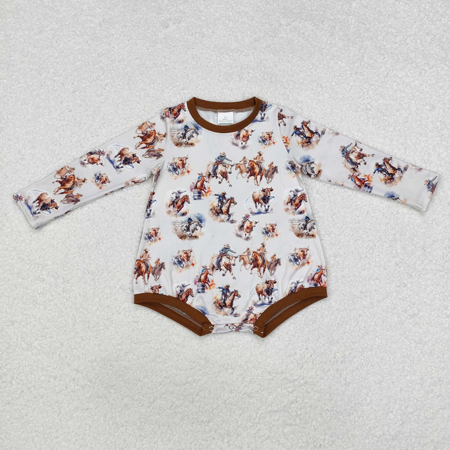LR1866 Riding Cowboy Brown Long Sleeved Boys Bubble Romper RTS 202509