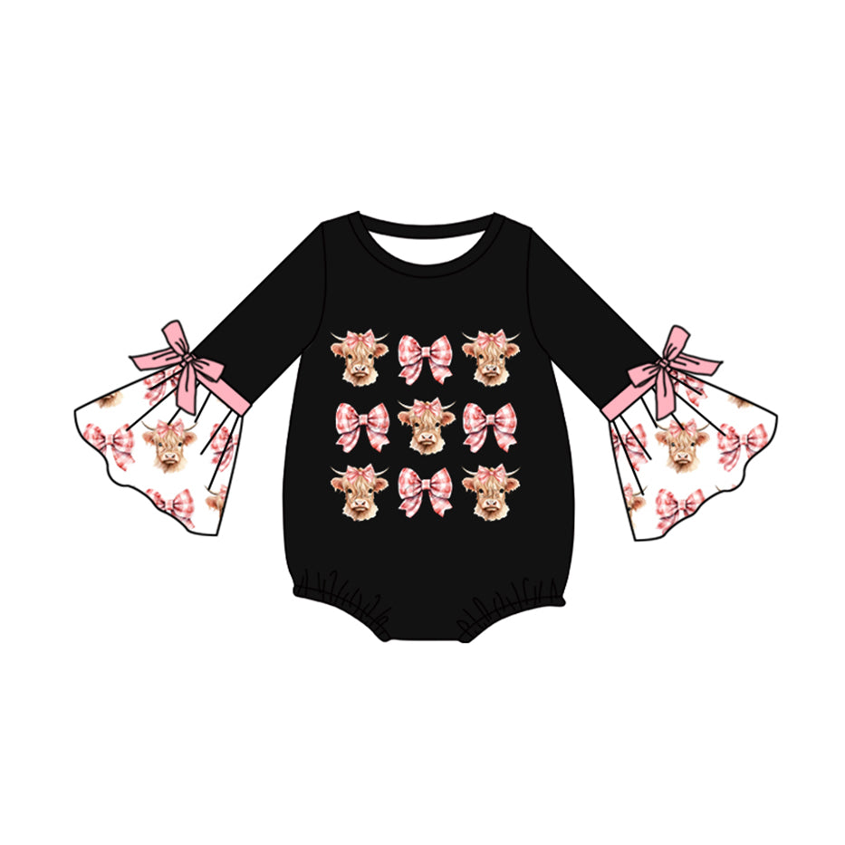 LR1871 Cow Bows Pattern Black Pink Flare Long-Sleeved Girls Bubble Romper RTS 202509