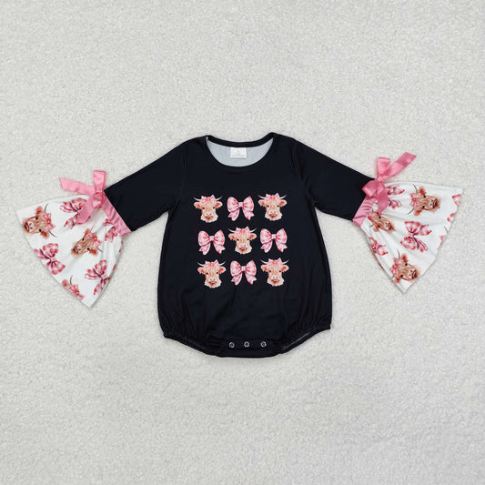 LR1871 Cow Bows Pattern Black Pink Flare Long-Sleeved Girls Bubble Romper RTS 202509