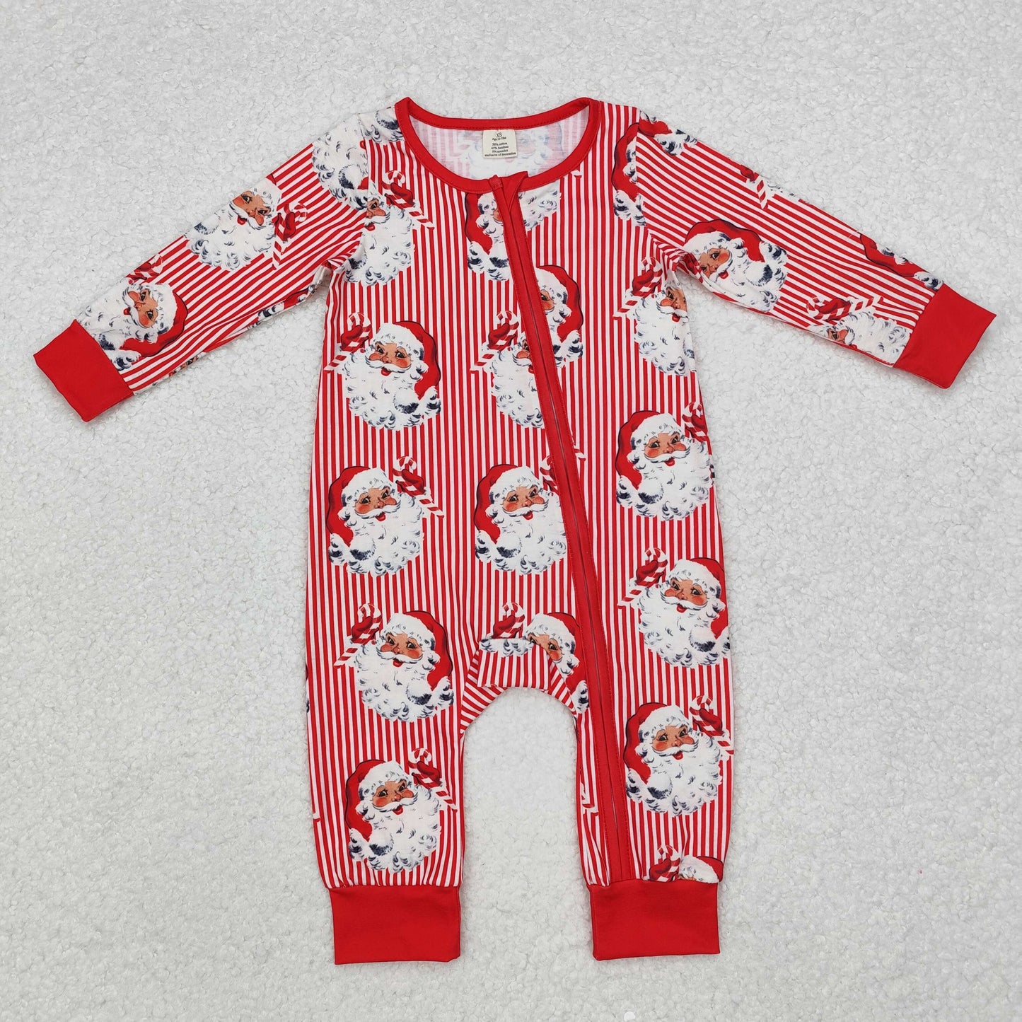 LR1891 Christmas Bamboo Pajamas Red Striped Zipper Long Sleeve Boys Romper RTS 202509
