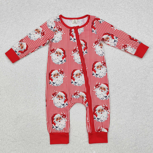 LR1891 Christmas Bamboo Pajamas Red Striped Zipper Long Sleeve Boys Romper RTS 202509