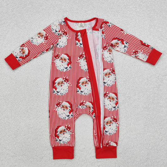 LR1891 Christmas Bamboo Pajamas Red Striped Zipper Long Sleeve Boys Romper RTS 202509