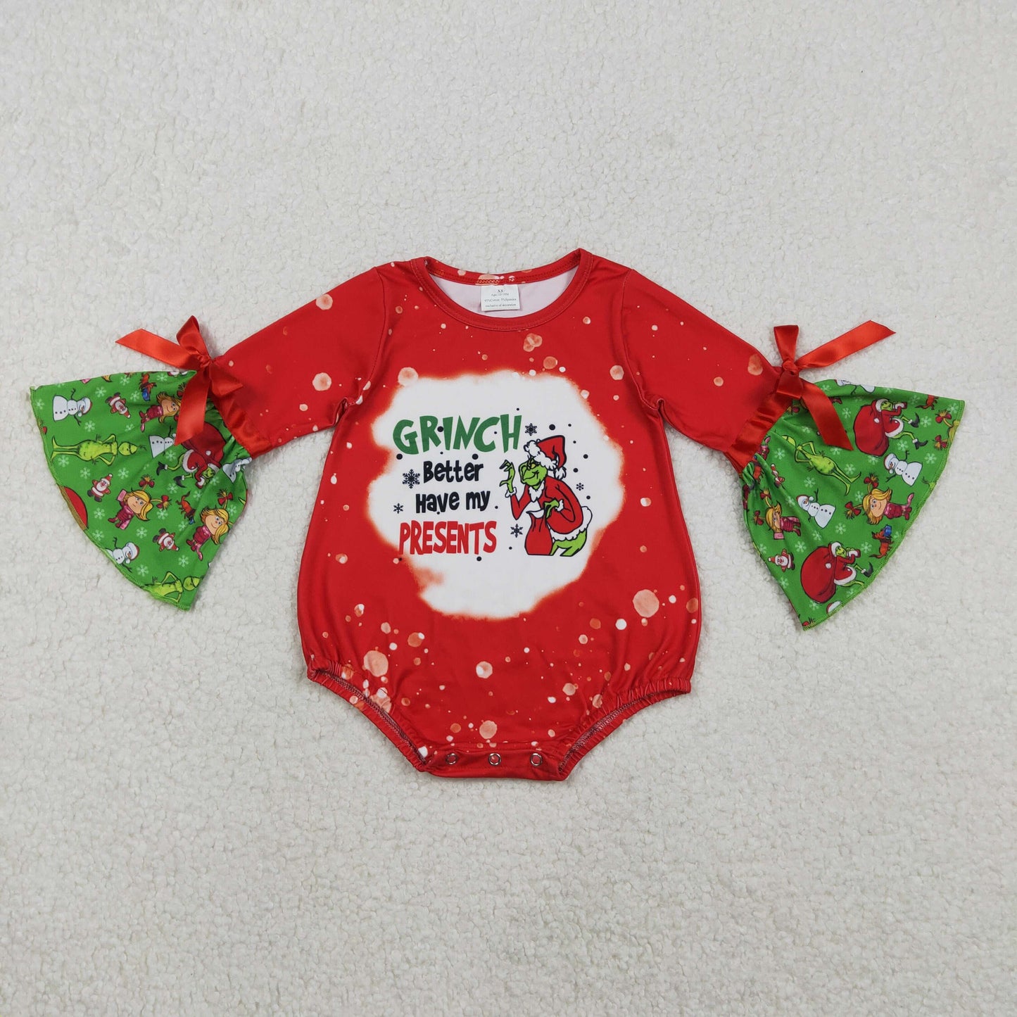 LR1893 Christmas Grinch Red Long Sleeve Girls Bubble Romper 202511 RTS