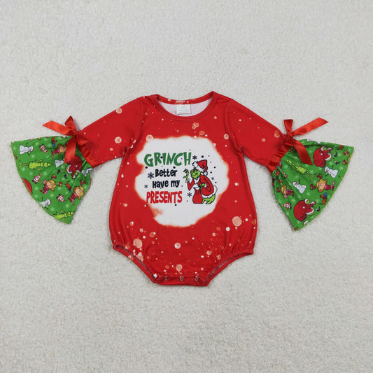 LR1893 Christmas Grinch Red Long Sleeve Girls Bubble Romper 202511 RTS