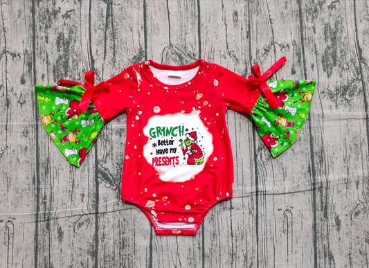 NO MOQ Preorder LR1893 Christmas Grinch Red Long Sleeve Girls Bubble Romper 202510