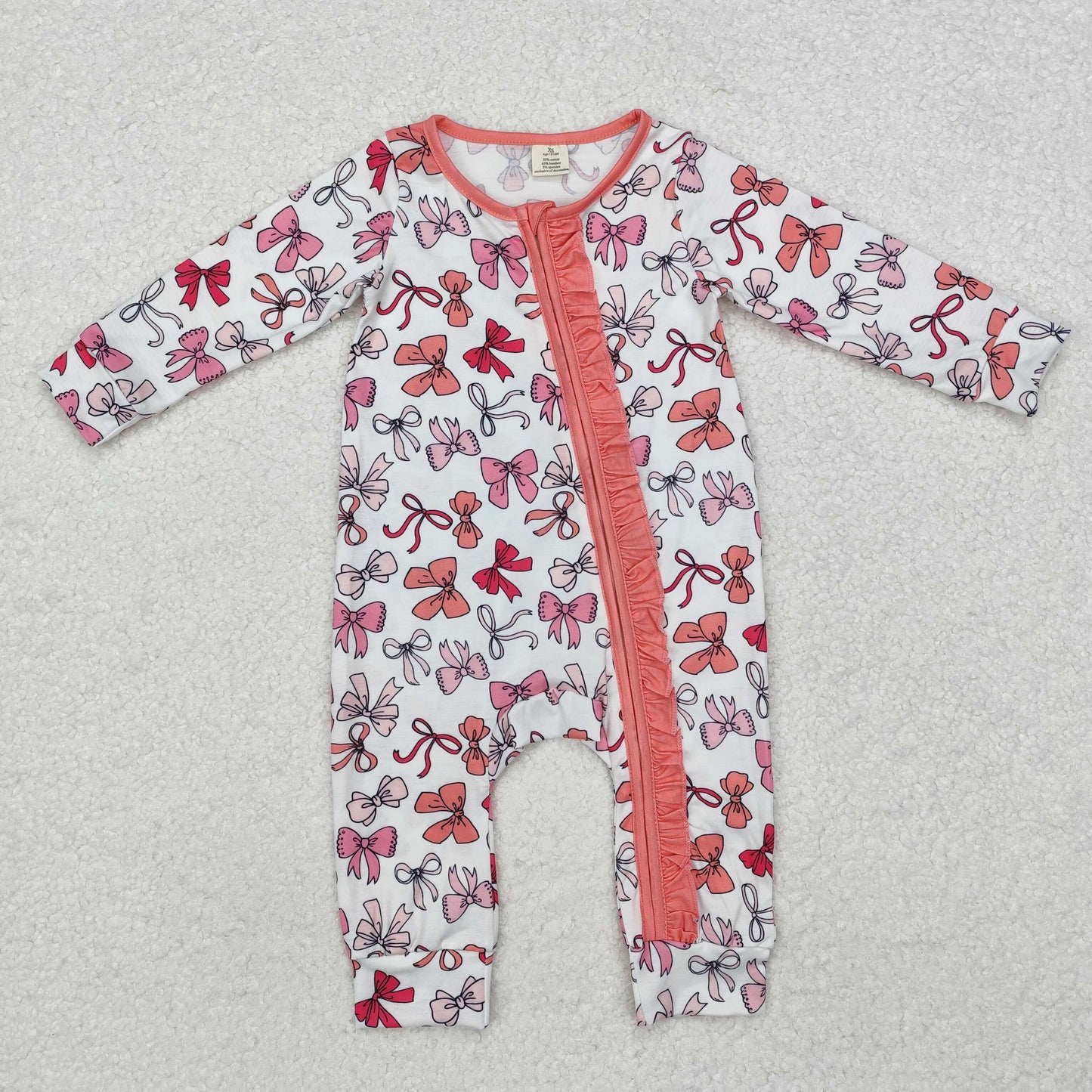 LR1905 Bamboo Pajamas Bows Pattern Pink Ruffle Zipper Long-Sleeved Girls Romper RTS 202509
