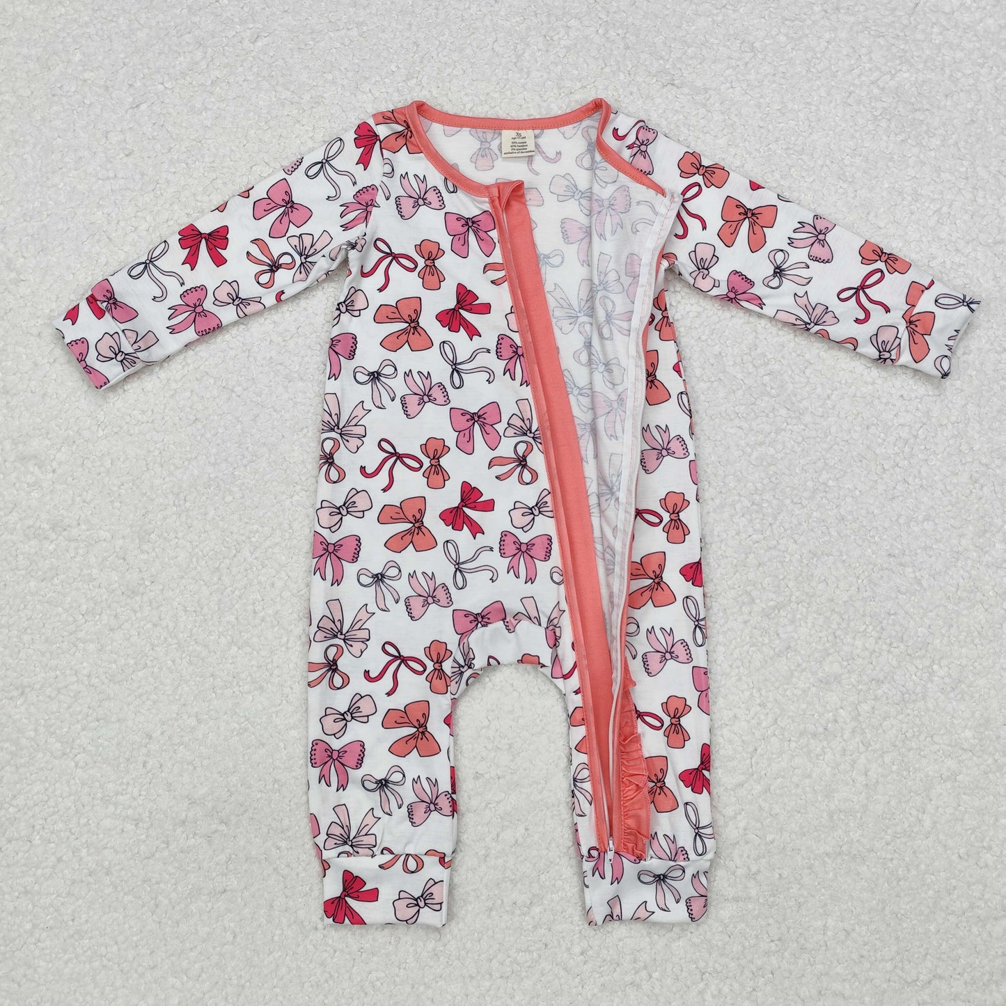 LR1905 Bamboo Pajamas Bows Pattern Pink Ruffle Zipper Long-Sleeved Girls Romper RTS 202509