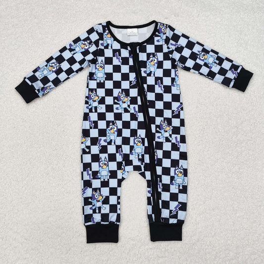 LR1910 Cartoon bluey blue and black checkered zip-up long-sleeved onesie