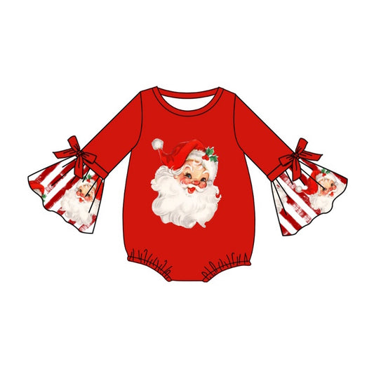 LR1918 Christmas Santa Claus Striped Red Trumpet Long Sleeve Girls Bubble Romper RTS 202509