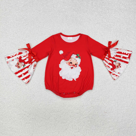 LR1918 Christmas Santa Claus Striped Red Trumpet Long Sleeve Girls Bubble Romper RTS 202509
