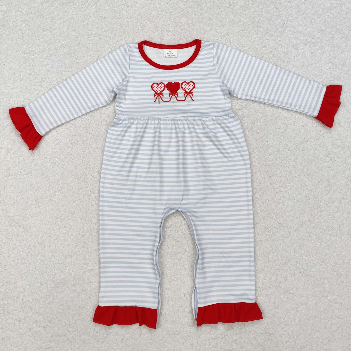 LR1925 Valentines Day Embroidered Love Stripe Red Ruffle Long Sleeve Girls Romper RTS 202511