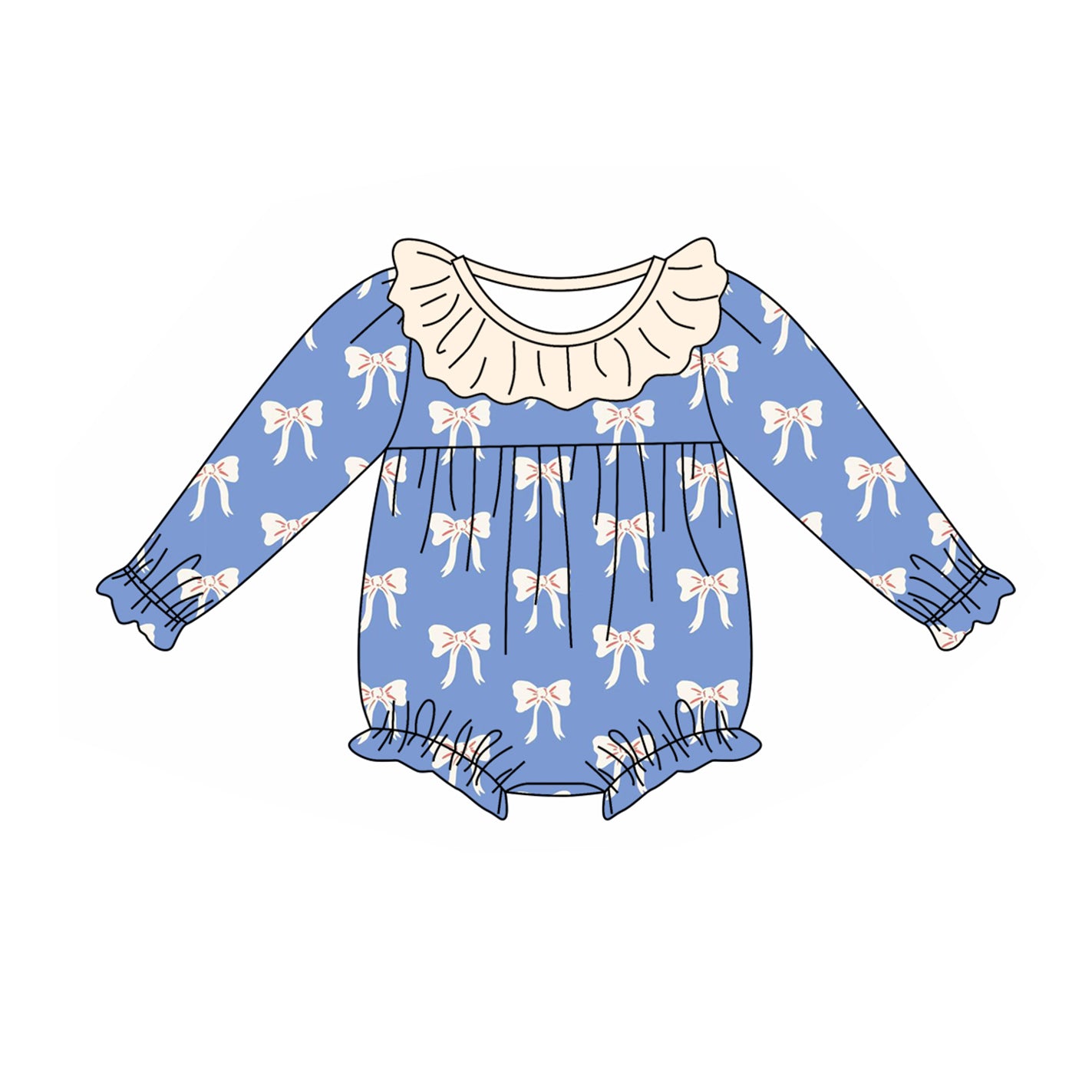 LR1941 Bow Beige Ruffle Blue Long Sleeve Girls Bubble Romper RTS 202509
