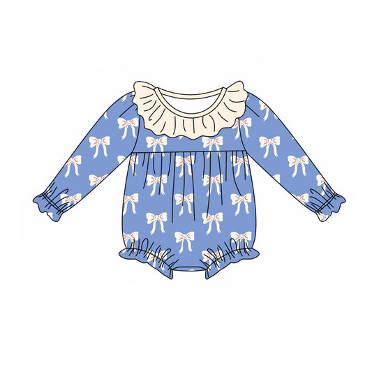 LR1941 Bow Beige Ruffle Blue Long Sleeve Girls Bubble Romper RTS 202509