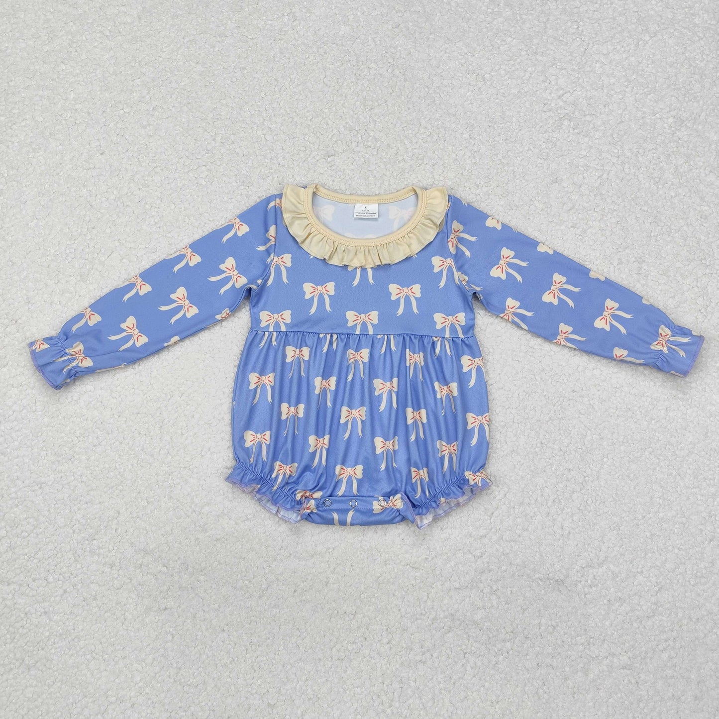 LR1941 Bow Beige Ruffle Blue Long Sleeve Girls Bubble Romper RTS 202509