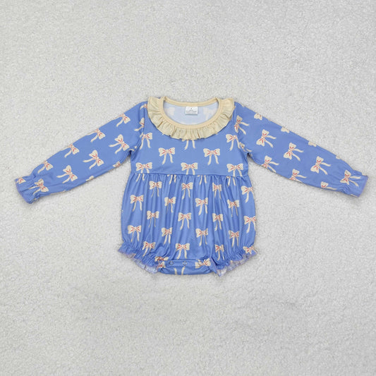 LR1941 Bow Beige Ruffle Blue Long Sleeve Girls Bubble Romper RTS 202509