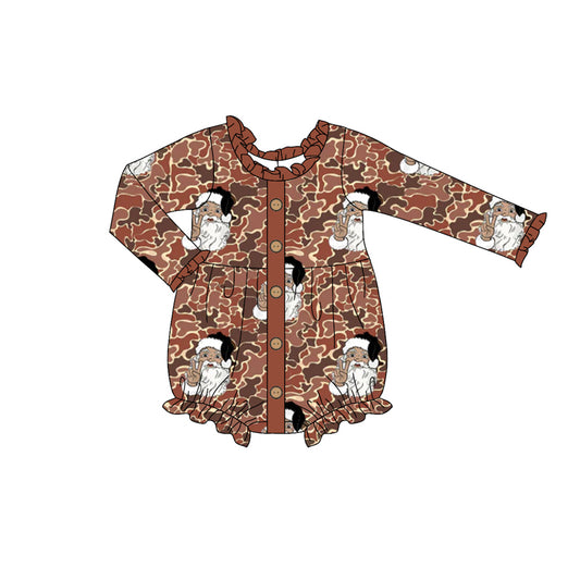 LR1971 Christmas Leopard Santa Claus Ruffle Long Sleeve Girls Bubble Romper RTS 202509
