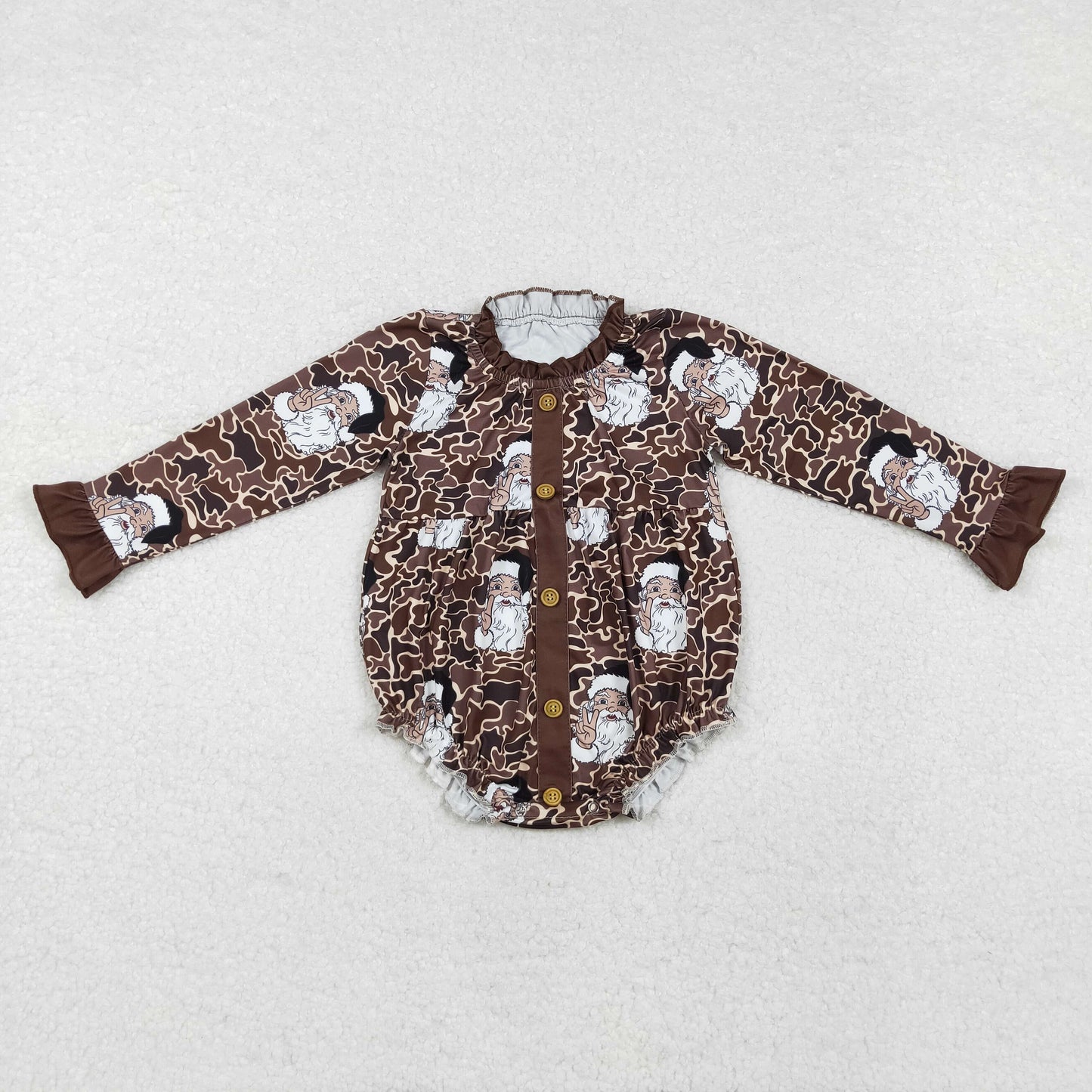 LR1971 Christmas Leopard Santa Claus Ruffle Long Sleeve Girls Bubble Romper RTS 202509