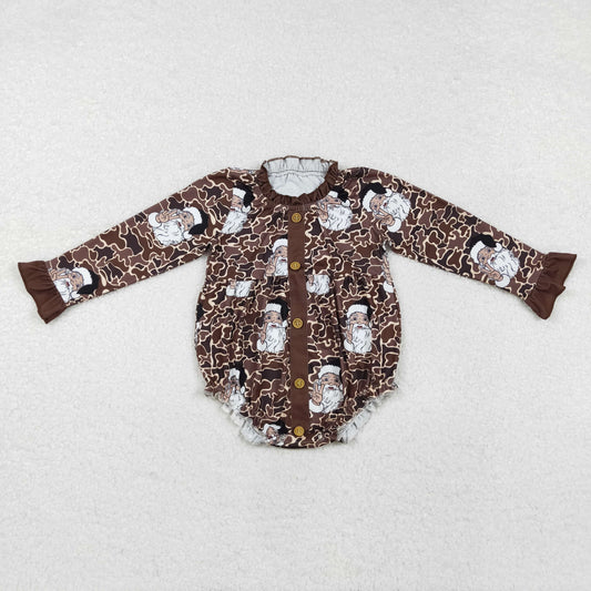 LR1971 Christmas Leopard Santa Claus Ruffle Long Sleeve Girls Bubble Romper RTS 202509