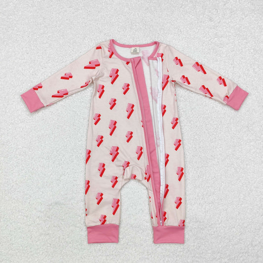 LR1983 Bamboo Pajamas Pink Lightning Zipper Long Sleeve Girls Romper RTS 202509