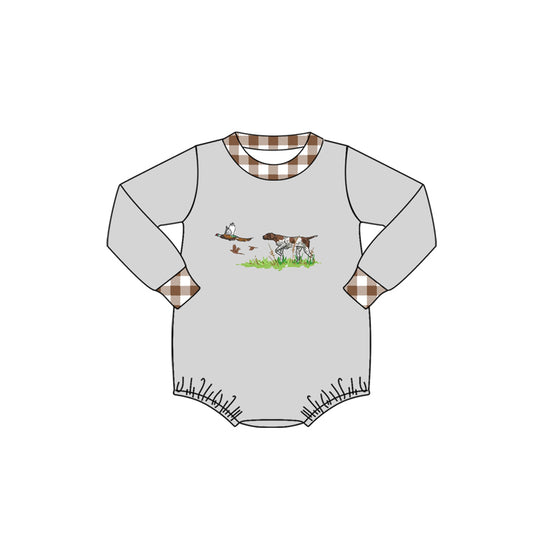 LR1999 Duck Puppy Brown Plaid Border Gray Long-Sleeved Boys Bubble Romper RTS 202509