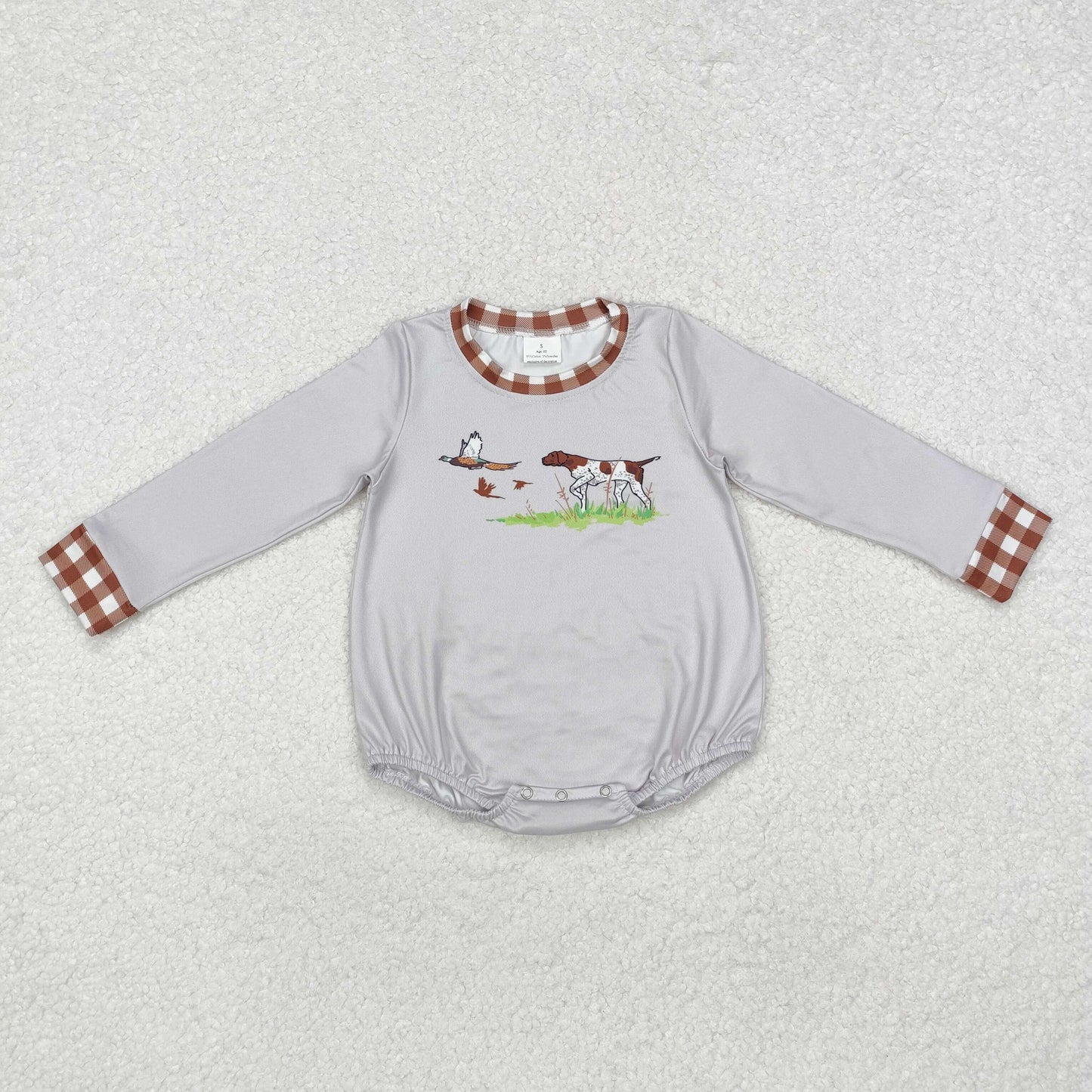 LR1999 Duck Puppy Brown Plaid Border Gray Long-Sleeved Boys Bubble Romper RTS 202509