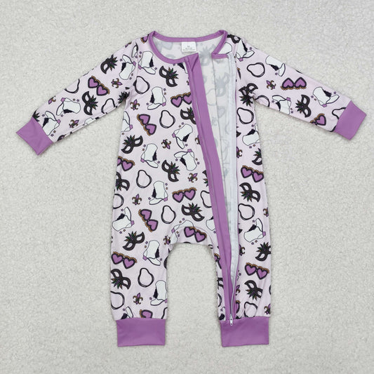 LR2038 Mardi Gras Mask Purple White Zipper Long-Sleeved Girls Romper RTS 20241128