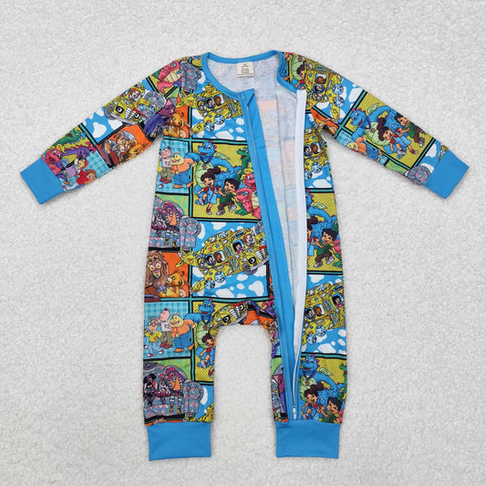 LR2040 Bamboo Pajamas Cartoon Lion Dinosaur Blue Zipper Long-Sleeved Boys Romper RTS 202509