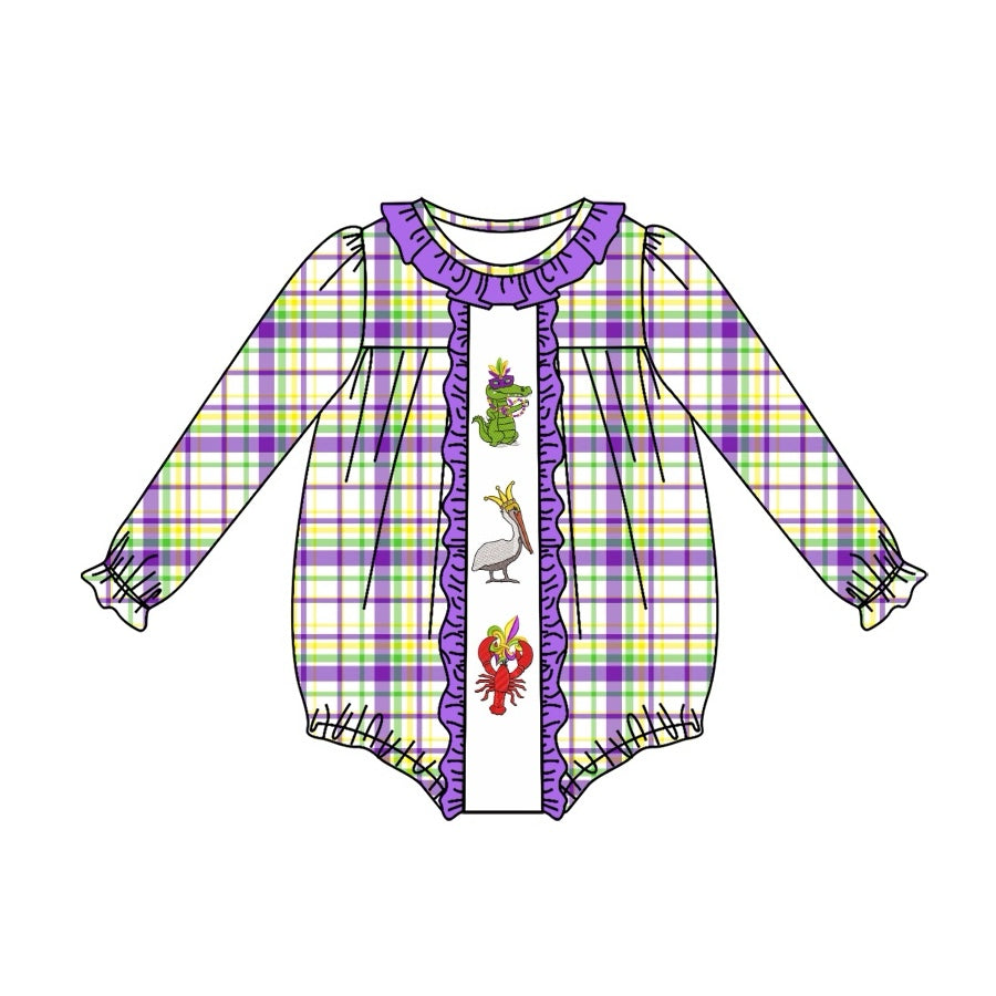 Preorder LR2048 Mardi Gras Crocodile Bird Lobster purple lace plaid long-sleeved onesie