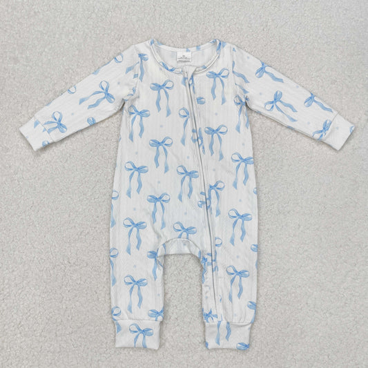LR2070 Baby girl outfit boutique Cotton Cable Knit Zipper Romper with blue bows RTS 202412