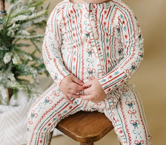 Preorder LR2079 Christmas bow pattern striped white zip-up long-sleeved onesie