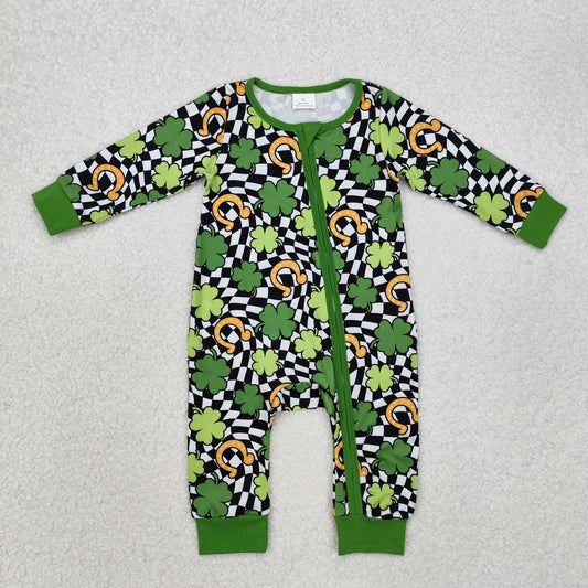 LR2090 St. Patrick's Day outfit lucky girl Long sleeve romper with clover zipper outfit RTS 202412