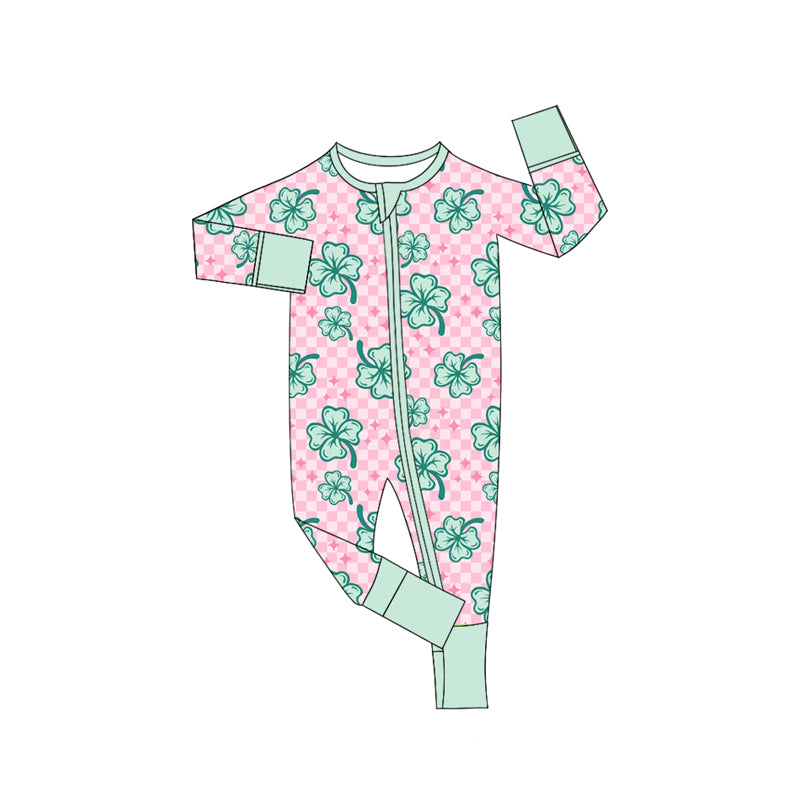 Preorder LR2107 St. Patrick's Day Four-leaf clover pink checkered green side zipper long-sleeved onesie