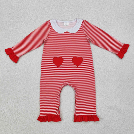 LR2113 Valentines girl boutique outfit Red striped  long sleeve Romper embroidery love RTS 202412