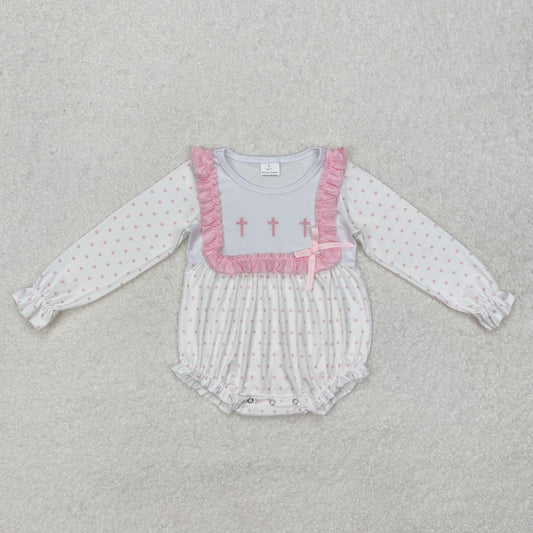 LR2136  Pink Ruffle Embroidery Cross Easter nightwear kids Romper RTS 202412