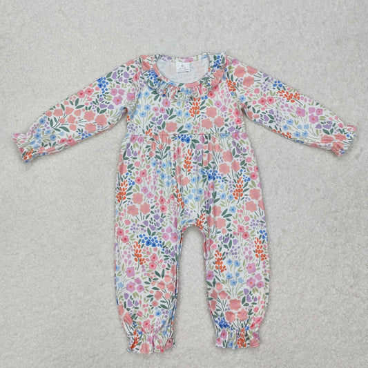 LR2141 Blue Orange Colored Flower Long Sleeve Romper baby girls boutique nightwear outfit baby spring 2025 RTS 202501