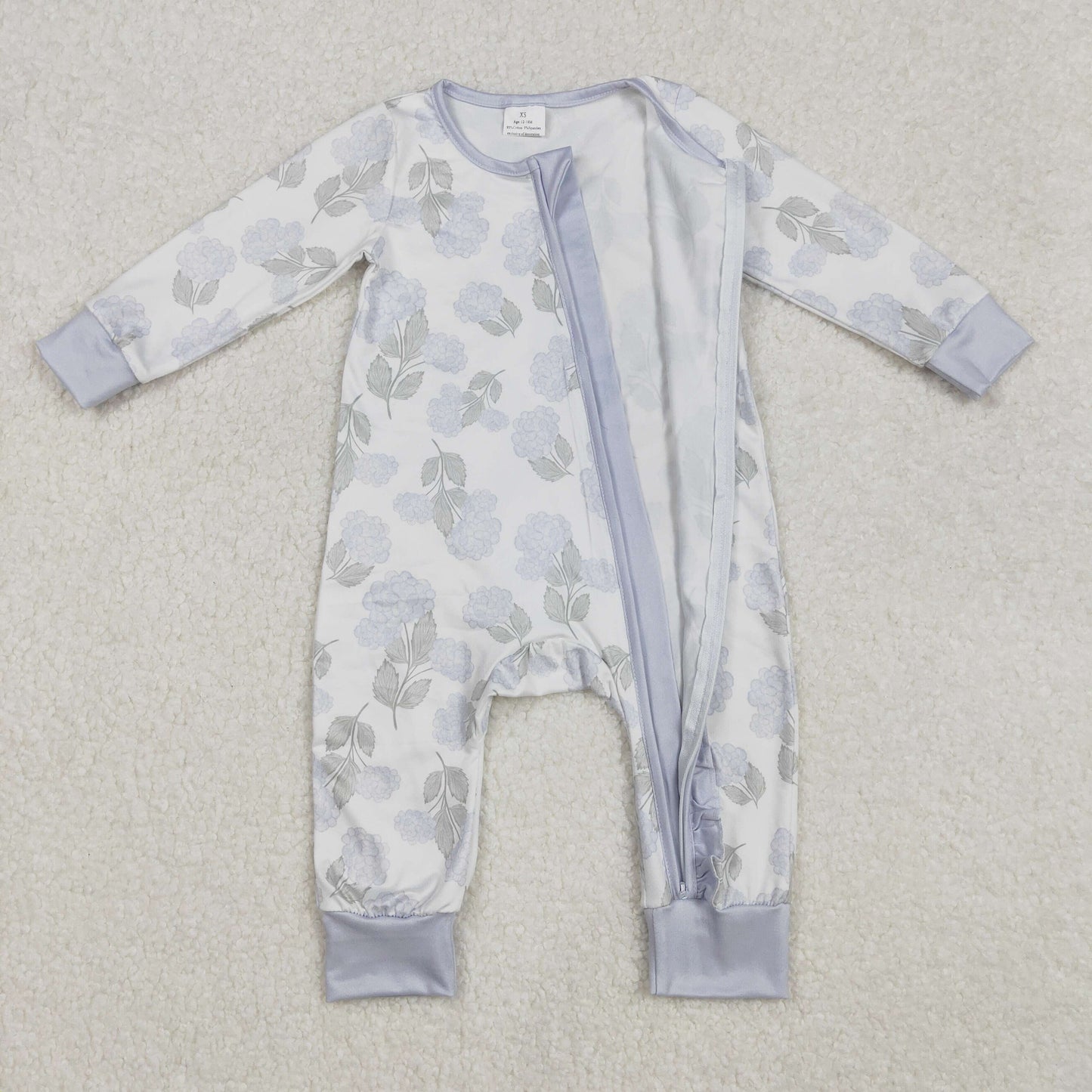 LR2157 Grey Blue Flower Zip long sleeve romper Girls Boutique outfit 202502 RTS