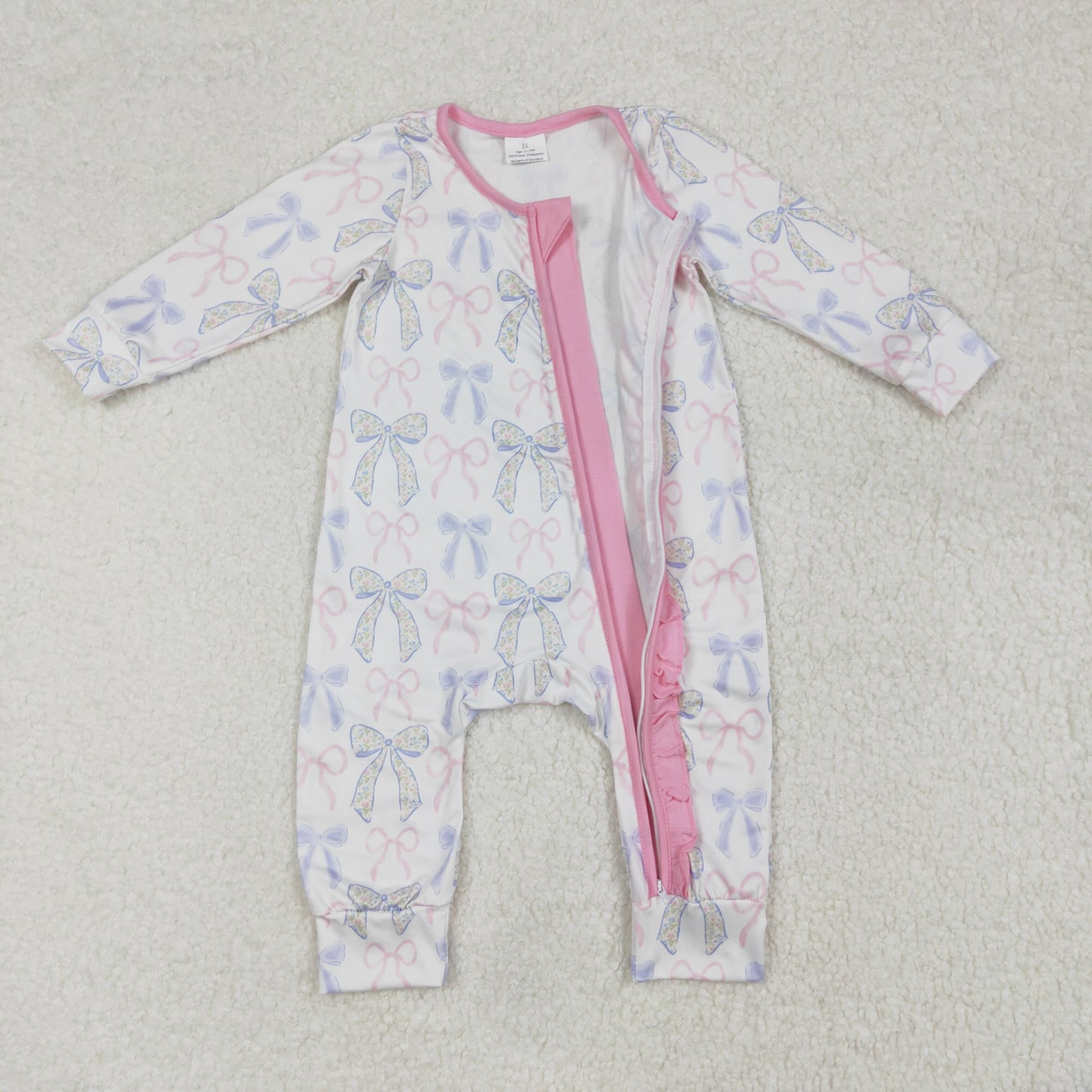 LR2158 Hot Pink zippy ruffle bows long sleeve romper Girls Boutique outfit 202502 RTS