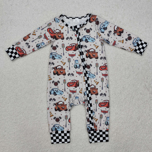 LR2160 Cars cartoon pattern Kids Clothing beige black zippy ruffled Short Sleeve boys boutique romper RTS 202501