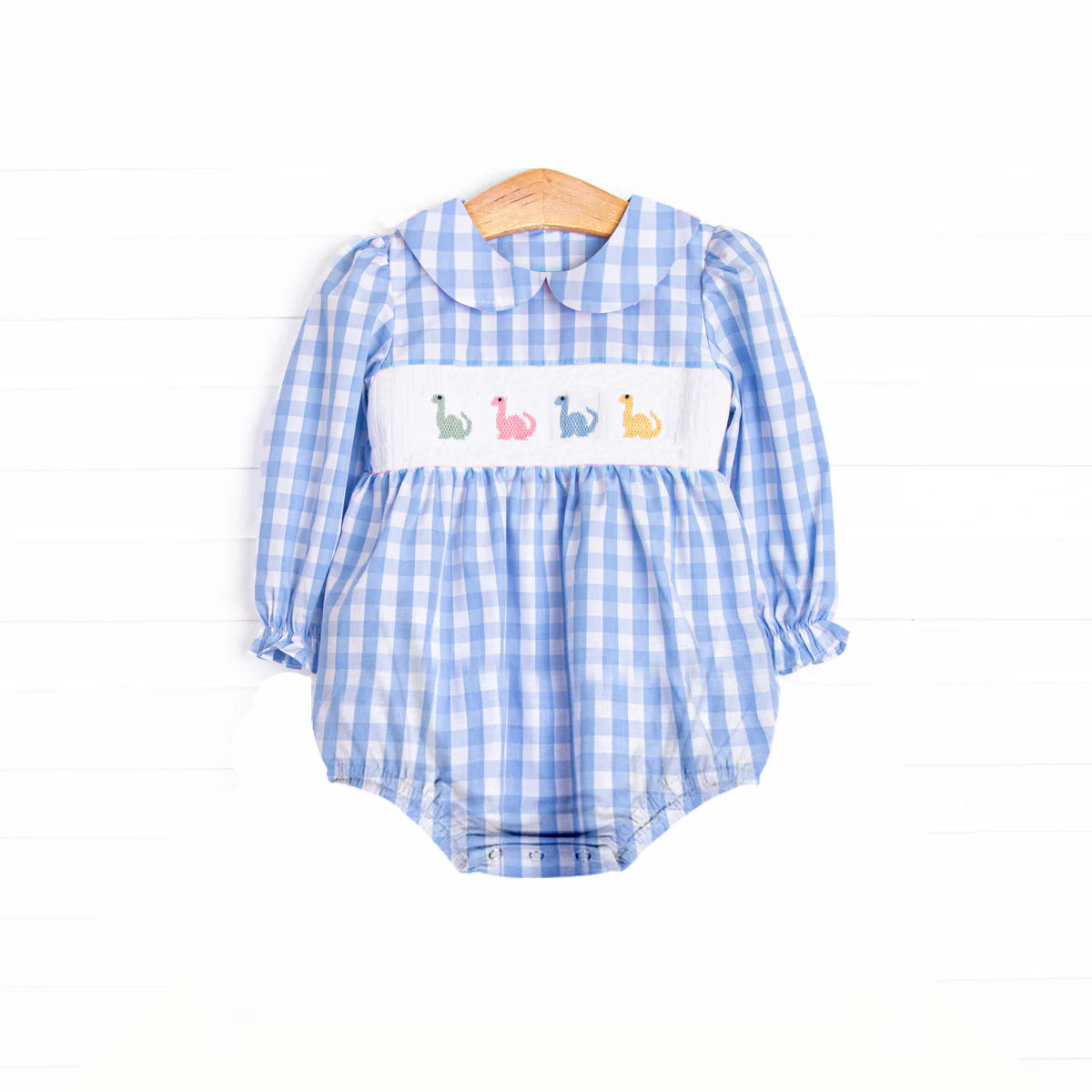 Preorder LR2178 Dinosaur Blue White Plaid Long Sleeve Romper Smocked Baby Girls Romper 202504